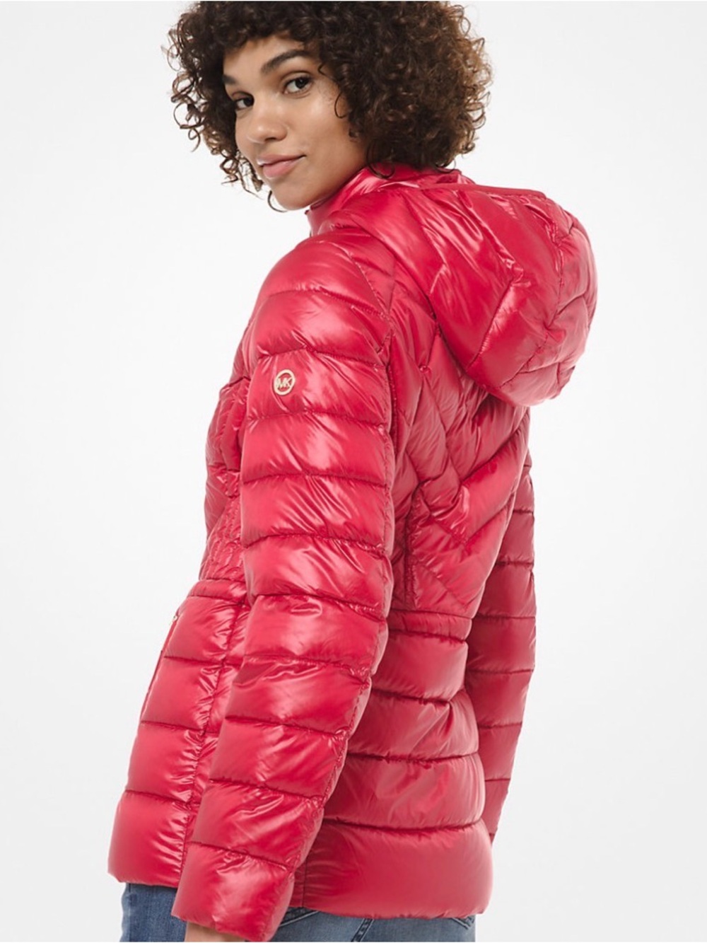 Michael Kors Sz M Red Down filled Quilted Hooded Packable Puffer Jacket